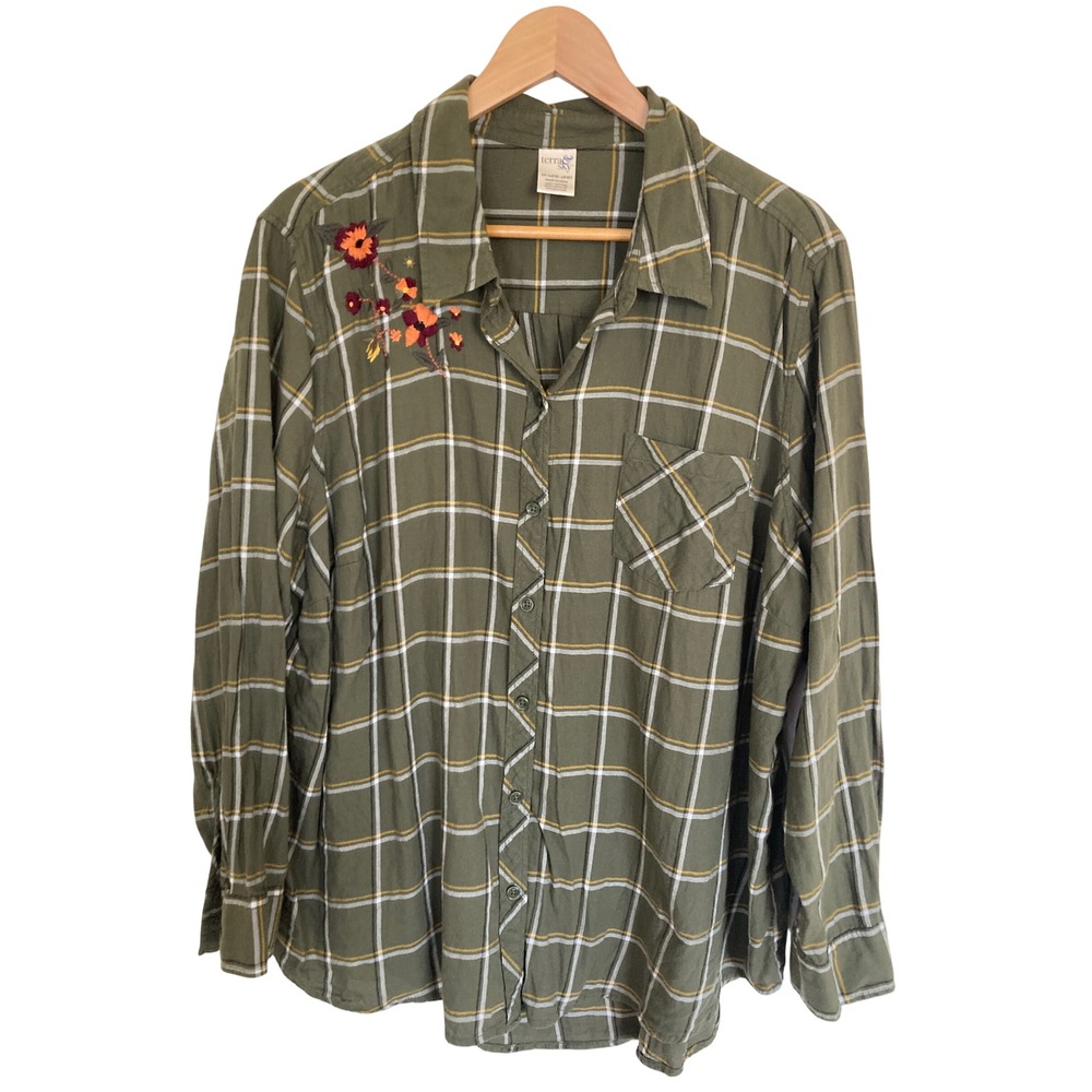 Terra & Sky Olive Green Plaid Embroidered Floral Button Down Shirt 1X 16W-18W